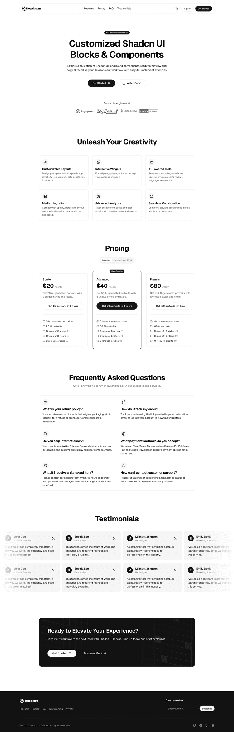Beautifully Designed Shadcn UI Templates